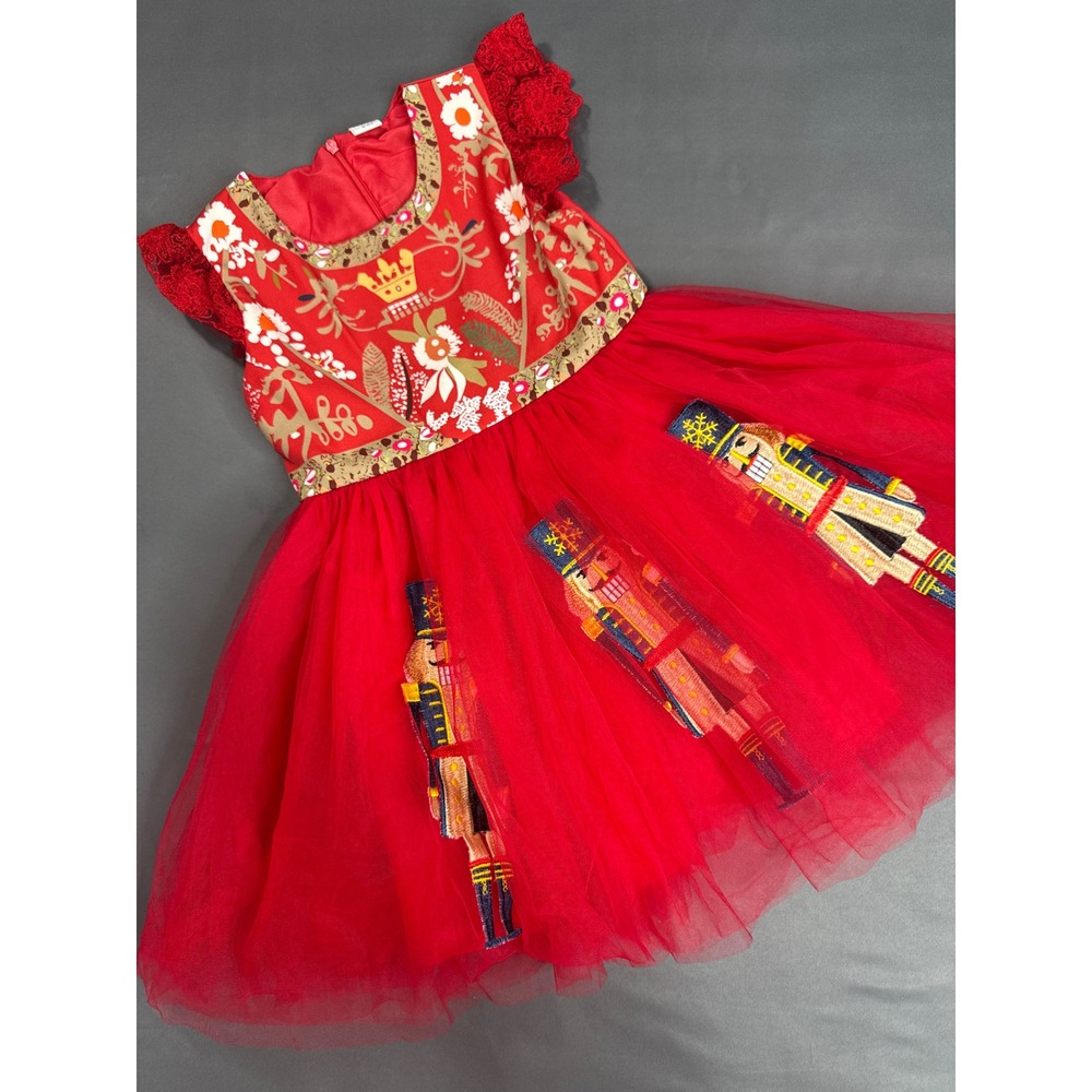 Mini Taylor Girls Red Nutcracker Tulle Holiday Party Dress Size 3-4Y Floral Lace